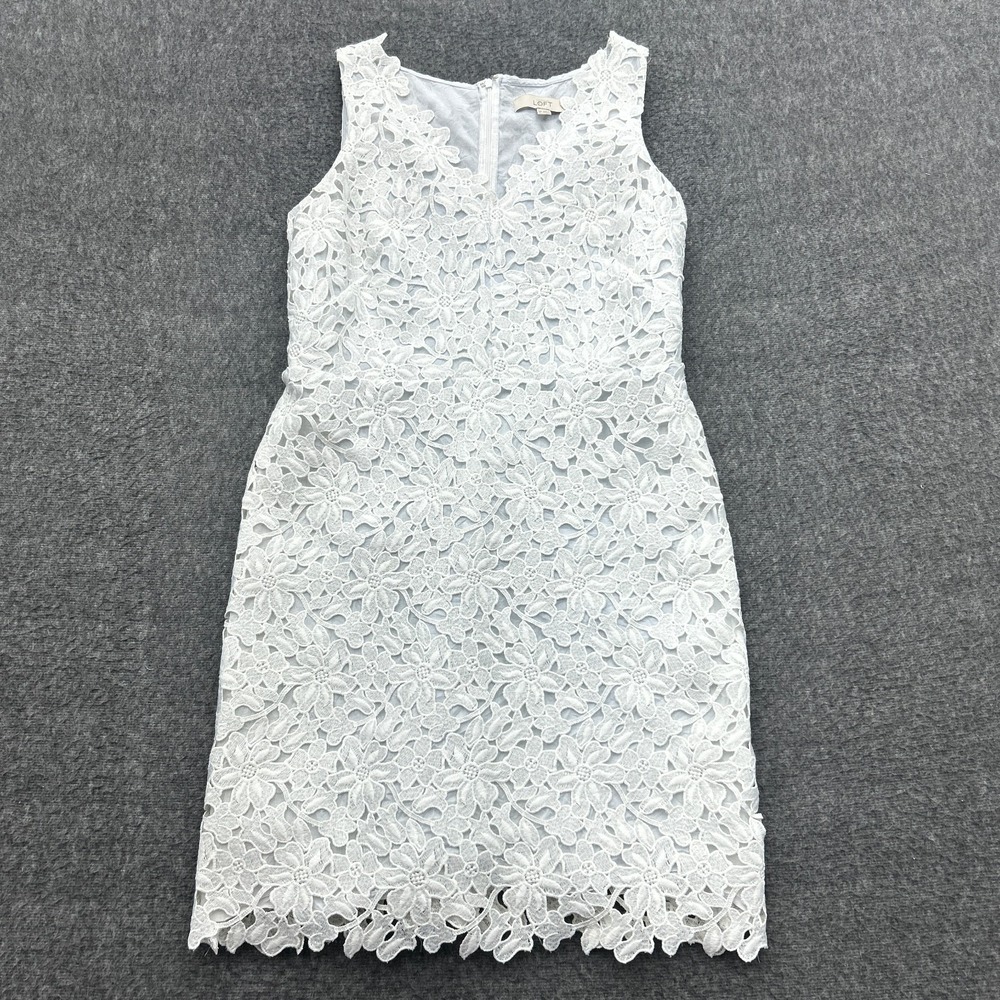 LOFT Dress 8P Eyelet Petite White Floral Lace Sheath Sleeveless Wedding Cocktail